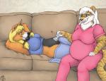 anthro belly big_belly breasts clothed clothing duo female fur furniture hair heart_symbol nurse open_mouth pregnant pregnant_anthro pregnant_female smile sofa geckoguy123456789 spottedchai canid canine canis domestic_dog felid mammal pantherine tiger digital_media_(artwork) mixed_media traditional_media_(artwork)