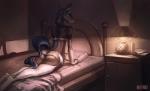 anthro bed blue_body blue_fur blue_hair bra brown_body brown_fur butt clothed clothing female fur furniture garter_straps hair lamp legwear lingerie long_hair looking_at_viewer looking_back on_bed raised_tail solo tail text underwear white_body white_fur anchors_art_studio equid equine horse mammal 2017 english_text signature