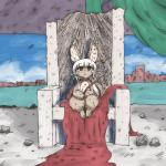 3_toes ambiguous_gender anthro brown_body brown_eyes brown_fur cape clothing feet fur hair holding_object long_hair mostly_nude sitting solo stick toes white_hair sirahtama akira_(film) made_in_abyss nanachi mammal narehate 1:1 2019 crossover hi_res