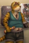 2015 anthro belly beverage biped body_hair brown_body brown_fur brown_hair brown_stripes bulge chest_hair container countershading cup detailed_bulge digital_media_(artwork) felid food front_view fur gabe_(mytigertail) genital_outline hair half-closed_eyes hi_res inside jewelry looking_at_viewer male mammal mytigertail narrowed_eyes navel necklace orange_eyes overweight overweight_anthro overweight_male pantherine penis_outline poster scar solo standing stomach_hair stripes tea tiger tired white_body white_fur yellow_body yellow_fur