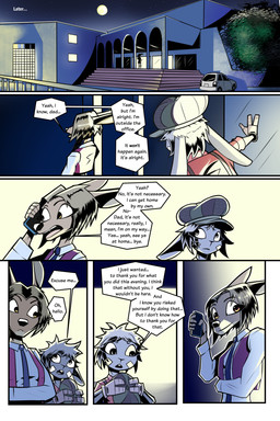 accessory anthro blonde_hair clothed clothed_anthro clothed_female clothed_male clothing cybernetic_hand cybernetics dialogue female female_anthro flat_cap fur grey_body grey_fur grey_hair hair hat headgear headwear machine male necktie night short_hair text yellow_body yellow_fur gatonejo gadea_(gatonejo) tabby_(gatonejo) cyborg deer lagomorph leporid mammal rabbit 2026 2:3 comic english_text hi_res