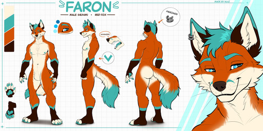 4_toes 5_fingers black_nose blue_body blue_fur claws dipstick_ears dipstick_tail ear_markings ear_piercing ear_ring facial_markings featureless_crotch feet fingers fluffy fluffy_tail front_view fur geometric_background gloves_(marking) grid_background head_markings humanoid_hands inner_ear_fluff leg_markings markings multicolored_body multicolored_ears multicolored_fur multiple_angles navel nude orange_body orange_fur pattern_background pawpads piercing plantigrade pointy_ears prick_ears pronouns rear_view ring_piercing side_view simple_background smile smirk snout snout_markings socks_(marking) tail tail_markings text toe_claws toes tuft turquoise_hair whiskers nliiz faron_(faronthefox) canid canine fox mammal red_fox true_fox 2025 2:1 artist_name bust_portrait digital_media_(artwork) english_text hi_res model_sheet portrait