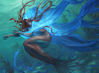 blue_clothing blue_robe brown_hair clothing female hair kelp membrane_(anatomy) robe rock scales solo split_form underwater water webbed_hands lie_setiawan hasbro magic:_the_gathering wizards_of_the_coast ambient_fish ambient_sealife aquatic humanoid merfolk hi_res official_art
