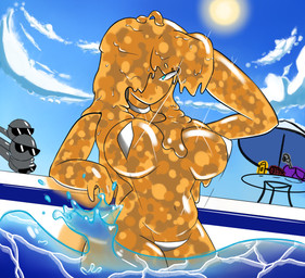 bikini blue_eyes blue_sky choker clothing eyewear female furniture goo_hair jewelry necklace one-piece_swimsuit one_eye_obstructed orange_body orange_skin pool poolside pose pseudo_hair sky skyscape slime solo splash sun sunglasses sunglasses_on_face swimwear table two-piece_swimsuit umbrella water sillyseacreatur ivy_(sillyseacreatur) humanoid pinup