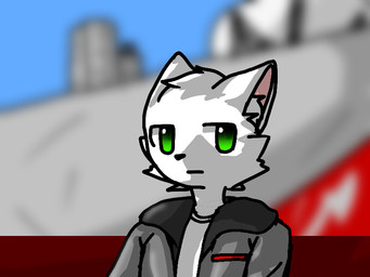 anthro clothing detailed_background fur green_eyes grey_clothing male radar_tower sky solo white_body white_fur borka_artist arctic_fox canid canine fox mammal true_fox 4:3