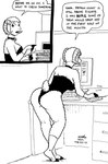 anthro butt clothed clothing computer computer_mouse container cup dialogue electronics female hooves mug office speech_bubble text tegerio lana_lynne bovid caprine mammal sheep 2023 black_and_white english_text hi_res monochrome