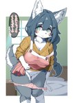 anthro apron big_breasts blush braided_hair breasts cleavage clothed clothing condom_wrapper dialogue female female_anthro fluffy fur hair kemono long_hair looking_at_viewer panties panties_down partially_clothed ponytail solo speech_bubble sweater tail talking_to_viewer text topwear underwear underwear_down koorinezumi canid canine canis mammal wolf 2024 digital_media_(artwork) hi_res japanese_text translated