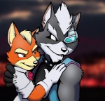 anthro detailed_background duo male male/male cirruskitfox nintendo star_fox fox_mccloud wolf_o'donnell canid canine canis fox mammal wolf