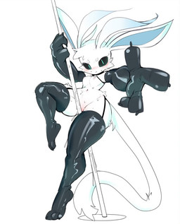 4_fingers anthro armwear black_armwear black_clothing black_elbow_gloves black_gloves black_handwear black_legwear black_sclera blush bodily_fluids clothing crotch_blush dancing elbow_gloves featureless_crotch female fingers fur genital_fluids gloves handwear latex latex_armwear latex_clothing latex_gloves latex_handwear latex_legwear latex_thigh_highs legwear long_tail looking_at_viewer monotone_body navel nipples pole pole_dancing simple_background solo tail teal_eyes thick_thighs thigh_highs vaginal_fluids white_background white_body white_fur white_tail yuanmin microsoft ori_(series) xbox_game_studios guardian_spirit 2023
