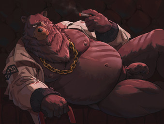 5_fingers anthro balls bottomless bottomless_anthro bottomless_male chain cigarette clothed clothing eye_scar facial_scar fingers fur genitals gold_(metal) gold_chain jacket looking_at_viewer male moobs overweight overweight_anthro overweight_male penis scar sitting smoking solo topwear eruprior mihoyo zenless_zone_zero ben_bigger bear mammal 2022 absurd_res hi_res