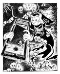 ambiguous_gender anthro black_text blade blood bodily_fluids bone border cloak clothing floating_hands gloves guillotine handwear holding_guillotine hood hourglass_(object) noose ominous rib_cage rope skeleton skull smile solo text white_border bonnie_guerra ambiguous_species ghost mammal spirit absurd_res english_text hi_res monochrome