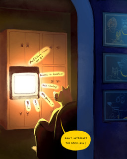 anthro armchair cabinet chain_necklace chair dialogue electronics facial_hair family female furniture hand_on_shoulder jewelry male mustache necklace on_chair picture_frame sitting sitting_on_chair solo speech_bubble television text watching_television young sharkinthepark canid canine mammal 2026 4:5 absurd_res comic english_text hi_res