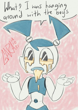 bodily_fluids clothed clothing cum cum_drip cum_from_eyes cum_in_eye cum_in_mouth cum_inside cum_on_face dialogue dripping female genital_fluids humor leaking_cum looking_at_viewer machine midriff not_furry open_mouth solo speech_bubble text what garabatoz my_life_as_a_teenage_robot nickelodeon jenny_wakeman android humanoid robot robot_humanoid 2021 english_text signature