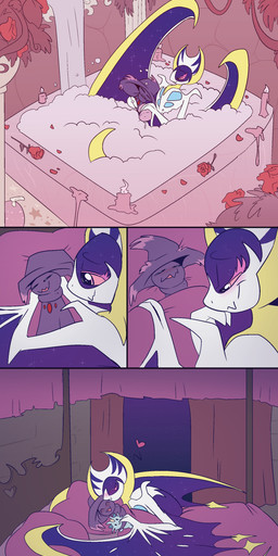 ambiguous_gender anthro bat_wings bath bathing bathtub bed candle duo eyes_closed feral fire flower furniture heart_symbol holding_another inside kissing_cheek larger_ambiguous legless looking_at_another lying lying_on_bed membrane_(anatomy) membranous_wings on_back on_bed open_mouth plant plushie rose_(flower) size_difference sleeping smaller_ambiguous spiral spiral_eyes tongue torch winged_arms wings fuf nintendo pokemon generation_4_pokemon generation_7_pokemon legendary_pokemon lunala mismagius pokemon_(species) 2019 absurd_res comic hi_res multiple_scenes