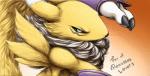 ambiguous_gender anthro arm_warmers armwear bandai_namco canid canine clothing diaszoom digimon digimon_(species) english_text fur looking_at_viewer mammal renamon simple_background solo text
