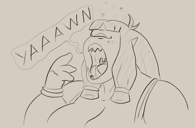 1_eye accessory big_breasts bracelet breasts cleavage clothed clothing eyebrows eyelashes eyes_closed fangs female freckled_face freckles hair hair_accessory jewelry not_furry open_mouth pointy_ears sharp_teeth simple_background solo speech_bubble teeth text throat tired tongue topwear tusks uvula yawn tellybot european_mythology greek_mythology mythology stella_(tellybot) cyclops humanoid monster monstrous_humanoid mythological_creature 2026 digital_media_(artwork) english_text