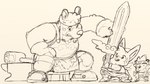 anthro blacksmith clothing group humanoid_hands male melee_weapon overweight overweight_male shirt sitting sword topwear weapon unknown_artist breeze_in_the_clouds breeze_(breeze_in_the_clouds) pile_(breeze_in_the_clouds) american_black_bear bear black_bear canid canine canis domestic_dog herding_dog kermode_bear mammal pastoral_dog ursine welsh_corgi 16:9 2021 widescreen