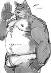 anthro belly bulge clothing humanoid_hands kemono male moobs navel nipples overweight overweight_male simple_background solo underwear ujishiyo canid canine canis domestic_dog mammal 2024 hi_res monochrome