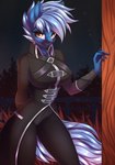 amber_eyes anthro breasts clothing female jacket long_coat long_jacket looking_at_viewer smile solo stripes topwear ask-colorsound hasbro my_little_pony dark_straw fan_character earth_pony equid equine horse hybrid mammal pony zony absurd_res hi_res