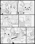 4:5 ambiguous_gender buizel comic english_text evolutionary_stone feral floatzel fur generation_1_pokemon generation_4_pokemon greyscale group hi_res kitchen mammal monochrome mustelid nintendo open_mouth pikachu pokemon pokemon_(species) raichu rodent s2-freak text thunder_stone