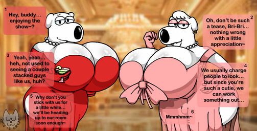 anthro ballroom big_breasts big_butt breasts bulge butt classy clothing dialogue dress duo gynomorph huge_breasts huge_butt hyper hyper_breasts implied_incest intersex propositioning text text_box thick_thighs wowthisisgreat family_guy brian_griffin jasper_(family_guy) canid canine canis domestic_dog mammal alternate_version_at_source english_text hi_res busty_boy_(lore) male_(lore)