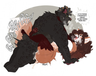 accessory anthro anthro_on_anthro anthro_penetrated anthro_penetrating anthro_penetrating_anthro balls black_body black_fur bodily_fluids breasts brown_body brown_fur brown_hair butt cheek_tuft cum cum_from_vagina cum_in_vagina cum_inside cumshot dialogue dominant dominant_female dreadlocks duo ejaculation eye_roll facial_tuft fangs female female_penetrated fluffy fluffy_tail from_front_position fur genital_fluids genitals gold_(metal) gold_hair_ornament gold_jewelry green_sclera hair hair_accessory hair_ring half-closed_eyes jewelry leaking_cum legs_around_partner long_fangs long_hair lying male male/female male_penetrating male_penetrating_female markings motion_lines narrowed_eyes nude on_back open_mouth orange_body orange_fur orgasm pawpads paws penetration seductive sex simple_background sound_effects speech_bubble spots spotted_body spotted_fur sweat sweatdrop tail teeth text thick_thighs tuft vaginal vaginal_penetration white_body white_fur wide_hips roly camila_(sigfigures) mateo_(sigfigures) canid canine felid fox mammal prehistoric_species saber-toothed_tiger 2022 spanish_text translated