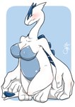 anthro big_breasts big_hands black_eyes blue_background blue_body blush blush_lines breasts cleavage clothed clothing female huge_breasts huge_hands kneeling long_neck long_tail looking_at_viewer simple_background solo spiked_tail spikes spikes_(anatomy) tail thick_thighs white_background white_body kazamidoririnn nintendo pokemon generation_2_pokemon legendary_pokemon lugia pokemon_(species)