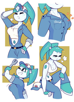 arm_on_leg belt big_breasts blush bodily_fluids bottomwear breasts breath cleavage close-up clothed clothing denim denim_bottomwear denim_clothing exhausted female hat headgear headwear holding_object holding_tool jacket jeans machine mechanic name_tag navel not_furry one_eye_closed open_clothing open_jacket open_mouth open_shirt open_topwear pants pigtails shirt simple_background solo sweat sweatdrop tank_top tools topwear unusual_navel wink wiping_forehead wrench dabbledraws my_life_as_a_teenage_robot nickelodeon jenny_wakeman android humanoid robot robot_humanoid 2018 absurd_res hi_res multiple_images