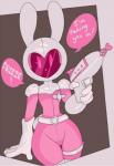 5_fingers anthro armor badge breasts clothing dialogue female fingers gloves handwear headgear helmet looking_at_viewer ranged_weapon raygun small_breasts solo text thick_thighs thigh_gap uniform weapon captainkirb pinku_(miscon) lagomorph leporid mammal rabbit 2018 english_text hi_res