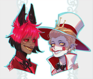 brown_body brown_skin clothed clothing crown duo grin hair hat headgear headwear humanoid_pointy_ears lips male pointy_ears red_hair sharp_teeth simple_background smile teeth top_hat topwear yellow_teeth blackberreh hazbin_hotel hellaverse alastor_(hazbin_hotel) lucifer_(hazbin_hotel) animal_humanoid deer deer_humanoid demon demon_humanoid humanoid mammal mammal_humanoid absurd_res digital_media_(artwork) hi_res