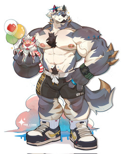abs anthro balloon barazoku barbell_piercing biceps big_muscles black_bottomwear black_clothing black_facial_hair black_hair black_shorts blue_clothing blue_eyes blue_footwear blue_ring blue_shoes blue_sneakers body_hair bottomwear chest_hair chest_tuft claws clock clothed clothing cloud deltoids ear_piercing ear_ring facial_hair finger_claws footwear forearm_muscles fur goatee gold_(metal) gold_ear_ring grey_body grey_fur hair halo happy_trail holding_balloon holding_object holding_plushie huge_muscles inflatable male male_anthro muscular muscular_anthro muscular_male nipple_barbell nipple_piercing nipples pawpads pecs piercing plushie ring_piercing shoes shorts simple_background sneakers socks solo standing tail topless topless_anthro topless_male tuft vein veiny_muscles watch white_background white_body white_clothing white_footwear white_fur white_hair white_socks wristwatch kasudachan nike castel_(kasudachan) canid canine canis mammal wolf 2025 hi_res