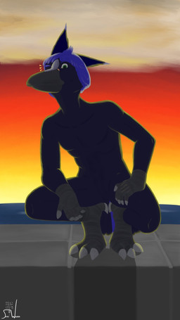 3_toes 5_fingers anthro black_feet blue_body blue_hair claws crouching featureless_crotch feet fingers hair looking_at_viewer male nude one_eye_closed outside solo sunset toes white_claws wink skye_wilson skye_wilson_(character) avian bird corvid oscine passerine 2019 9:16 digital_media_(artwork) digital_painting_(artwork) hi_res painting_(artwork)