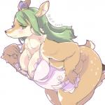 anthro apron apron_only bangs bent_over big_breasts black_nose blush breasts brown_body brown_fur cleavage clothed clothing crown eyelashes female flower fur green_eyes hair headgear hooves kemono leaf long_hair mostly_nude neck_tuft overweight overweight_anthro overweight_female plant smile solo spots thick_thighs tuft white_body white_fur kohaku_q yuzuki_(kame_3) deer mammal 1:1 absurd_res digital_media_(artwork) hi_res