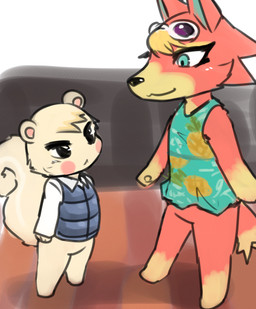:< anthro barefoot big_tail black_eyes black_nose blonde_hair blush blush_stickers bottomless cheek_tuft chibi clothed clothing collared_shirt dipstick_tail dress_shirt duo eye_contact eyewear eyewear_on_head facial_tuft featureless_crotch feet female fluffy fluffy_tail food_print fur gloves_(marking) hair head_tuft kemono larger_female leg_markings looking_at_another male markings multicolored_body multicolored_fur multicolored_tail orange_body orange_fur shirt short_hair size_difference sleeveless_shirt smaller_male smile socks_(marking) standing sunglasses sunglasses_on_head tail tail_markings tan_body tan_fur teal_eyes topwear tuft two_tone_body two_tone_fur vest yellow_body yellow_fur kemosara animal_crossing nintendo audie_(animal_crossing) marshal_(animal_crossing) canid canine canis mammal rodent sciurid tree_squirrel wolf hi_res