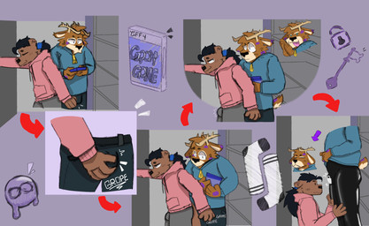 anthro bulge clothing duo fur grope humiliation latex male male/male null public public_exposure public_humiliation simple_background tail mrpawpaw sox_the_otter deer mammal mustelid otter absurd_res comic digital_media_(artwork) hi_res