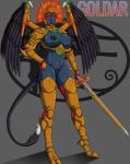 armor breasts crossgender feathered_wings feathers female genitals melee_weapon nipple_piercing nipples piercing pussy solo sword weapon wings renezuo power_rangers goldar chimera hi_res