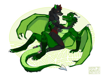 anthro black_body black_fur black_nose digitigrade duo fur green_body green_hair green_skin hair male male/male membrane_(anatomy) membranous_wings nude open_mouth pawpads simple_background smile straddling tail teeth wings araivis-edelveys mythology canid canine canis dragon mammal mythological_creature mythological_scalie scalie wolf 2018 4:3