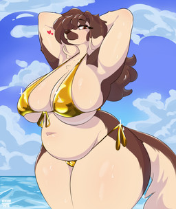 anthro beach belly big_breasts bikini bodily_fluids breasts butt clothed clothing cloud female fur genitals gold_bikini hair heart_symbol looking_at_viewer mature_female multicolored_body navel outside overweight overweight_anthro overweight_female ponytail sea seaside sky smile solo swimwear tail text thick_thighs two-piece_swimsuit two_tone_body vulva water wet wide_hips veksim golden_week jessie_(veksim) bird_dog canid canine canis cocker_spaniel domestic_dog hunting_dog mammal spaniel absurd_res digital_media_(artwork) english_text hi_res