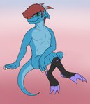 abstract_background anthro arm_support black_clothing black_footwear black_socks blue_body brown_hair clothing footwear green_eyes hair looking_at_viewer male purple_clothing purple_footwear purple_socks smile socks solo aaron_amethyst kobold scalie absurd_res hi_res