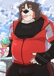 anthro black_body black_fur blush bottomwear brown_body brown_fur clothing dessert food fur humanoid_hands ice_cream ice_cream_cone kemono male overweight overweight_anthro overweight_male pants solo tongue tongue_out white_body white_fur ryuta-h bernese_mountain_dog canid canine canis domestic_dog mammal molosser mountain_dog swiss_mountain_dog 2021 hi_res