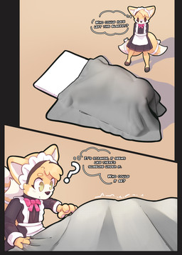 ambiguous_gender anthro biped clothed clothing fur green_eyes maid_uniform multi_tail question_mark standing tail text thought_bubble uniform facungo.dont khloe_prower canid canine fox mammal 2024 absurd_res comic digital_media_(artwork) english_text hi_res