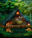anthro bed blep blue_body blue_fur blue_wool brown_body brown_fur brown_wool camping camping_tent candle cuddling duo forest fur furniture grey_body grey_fur grey_wool horn hug lake lamp lantern lit_candle male male/male nature plant raft romantic romantic_couple tongue tongue_out tree wool_(fur) bodjiart hydro_(hydro19) romeo_(inkwell_plume) alpaca bovid camelid caprine domestic_sheep jacob_sheep mammal sheep digital_media_(artwork) digital_painting_(artwork) hi_res painting_(artwork)