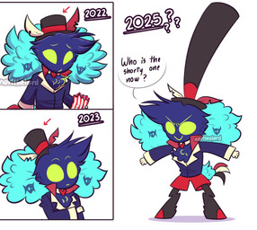 aged_down anthro arms_out big_hat blue_body blue_clothing blue_feathers blue_topwear bottomwear chest_tuft clothing dialogue empty_eyes feather_hair feathers green_eyes hat headgear headwear heart_symbol huge_hat male pseudo_hair red_bottomwear red_clothing red_shorts shorts simple_background small_hands solo tail tail_feathers tall_hat text top_hat topwear tuft white_background young norithelord hellaverse helluva_boss asmodeus_(helluva_boss) avian avian_demon demon 2023 artist_name comic english_text hi_res watermark