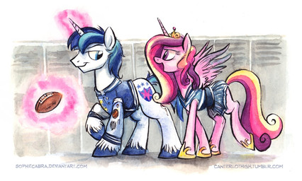 american_football blue_eyes blue_hair cheerleader clothing crown cutie_mark duo feathered_wings feathers female feral glowing gold_(metal) hair headgear horn jacket letterman_jacket levitation locker magic male multicolored_hair patch_(fabric) purple_eyes sport topwear wings kenket sophiecabra friendship_is_magic hasbro my_little_pony mythology princess_cadance_(mlp) shining_armor_(mlp) equid equine mammal mythological_creature mythological_equine unicorn winged_unicorn 2014 traditional_media_(artwork)