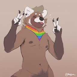 anthro brown_body brown_fur brown_hair brown_nipples claws ear_piercing eyes_closed fur fur_markings gesture hair hand_gesture kerchief lgbt_pride male markings multicolored_kerchief nipples pawpads piercing pride_colors rainbow_flag rainbow_kerchief rainbow_pride_flag rainbow_symbol simple_background solo tongue tongue_out v_sign white_body white_fur minedoo minedoo_(character) ailurid mammal red_panda 1:1 hi_res