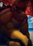 anthro beach beard biceps body_hair chest_hair clothed clothing eyebrows eyewear facial_hair hair hairy horn looking_at_viewer male muscular muscular_anthro muscular_male partially_clothed red_hair sea seaside shell smile solo spiked_shell spikes spikes_(anatomy) sunglasses thick_eyebrows topless water sush1d0g3 mario_bros nintendo bowser koopa reptile scalie absurd_res hi_res