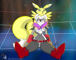 anthro black_sclera blue_eyes blush boob_hat boots bottomwear breast_squish breasts cannons claws clothing digiworld duo eyelashes female female/female footwear gloves handwear nude pants red_eyes shoes squish tongue tongue_out zipper lightluxcollie bandai_namco digimon digimon_beatbreak canid digimon_(species) digital_creature mammal renamon wolvermon 5:4 absurd_res hi_res