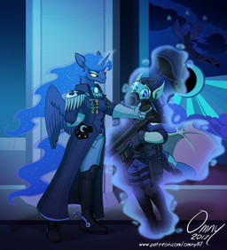 anthro anthrofied armor bat_wings boots carpet clothing coat column duo female footwear gas_mask gun headgear helmet horn mask membrane_(anatomy) membranous_wings military pillar ranged_weapon shoes spurs topwear trenchcoat weapon wings omny87 friendship_is_magic hasbro my_little_pony mythology princess_luna_(mlp) bat_pony equid equine mammal mythological_creature mythological_equine winged_unicorn 2017 hi_res