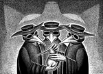 5_fingers alchemist alchemy black_death_mask clothed clothing detailed_background fantasy fingers fully_clothed group hat headgear headwear holding_object humanoid_hands shirt surrealism topwear trio tunic visual_metaphor nikraccoom avian bird canid canine canis mammal wolf detailed monochrome