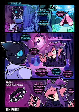 2_horns anthro big_breasts black_body blue_eyes breasts clothed clothed_anthro clothed_female clothing collar dialogue duo female gameplay_mechanics gui hair health_bar hoodie horn leotard level_number pink_body purple_hair shopkeeper speech_bubble spiked_collar spikes tent text topwear rem_phase nora_(stove2) oro_(spicyhand) arachnid arthropod kobold scalie spider 2026 absurd_res comic english_text hi_res